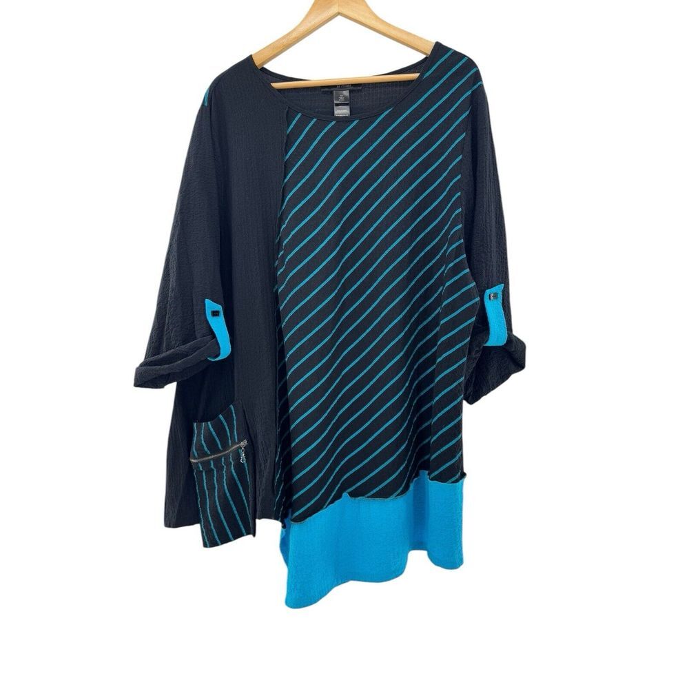 Ali Miles Tunic Top Blouse Stretch Crinkle Texture Asymmetric Pocket 3XL Relaxed